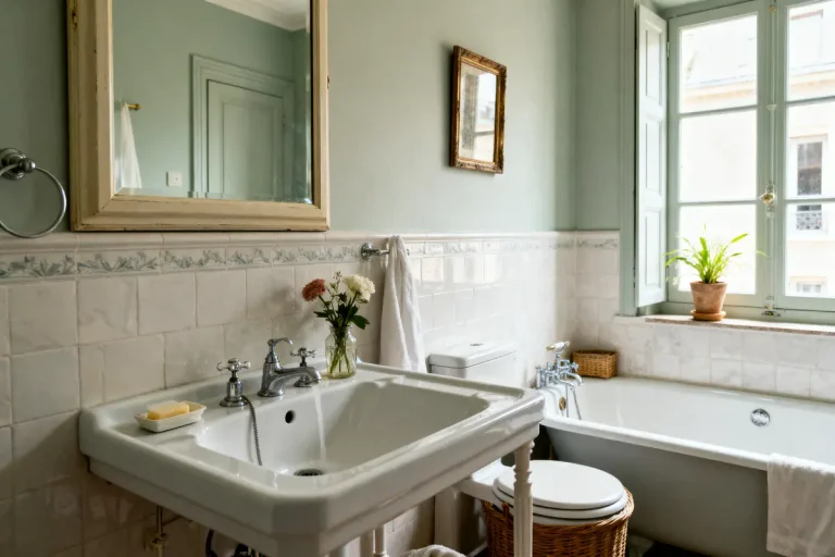 Salle de bain lumineuse avec baignoire, lavabo, miroir ancien, carrelage blanc, fenêtre et plante en pot.