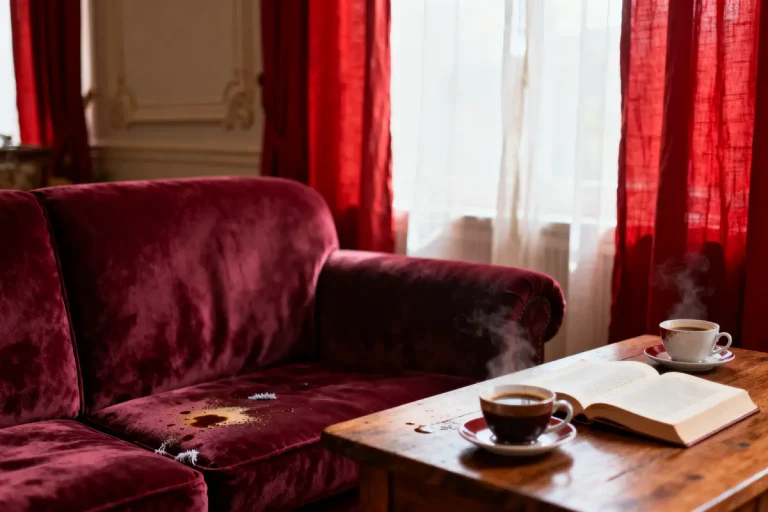 Canapé rouge taché, table en bois avec deux tasses de café fumant, livre ouvert, rideaux rouges.