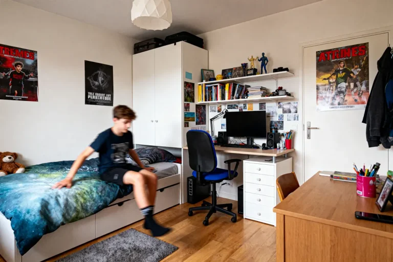 Chambre d'adolescent avec bureau, affiches, lit simple et garçon en mouvement, parquet clair.