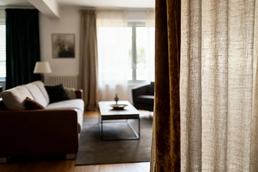 Salon lumineux avec canapé blanc, table basse, rideaux en tissu clair, et fauteuil noir près de la fenêtre.