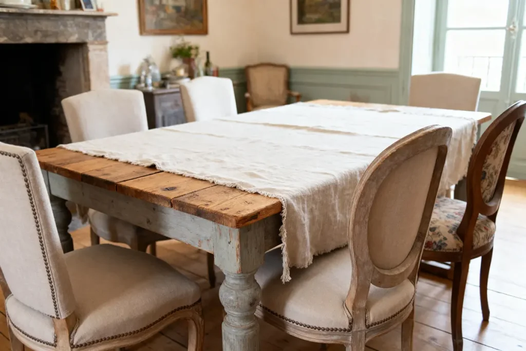 Table en bois rustique avec nappe blanche et chaises élégantes dans une salle à manger chaleureuse.