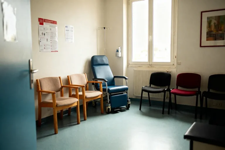 Salle d'attente médicale avec chaises, fauteuil médical, affiches murales et fenêtre lumineuse. Atmosphère calme et fonctionnelle.