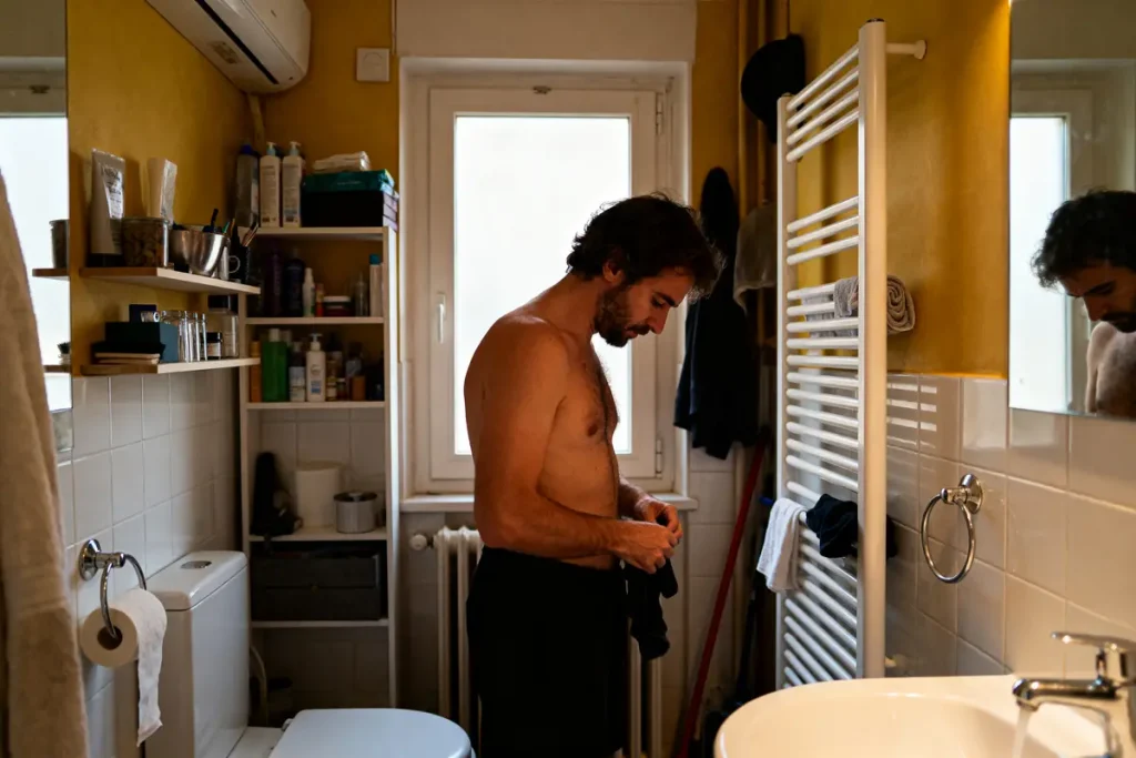 Un homme torse nu dans une salle de bain, ajustant son vêtement près du lavabo.