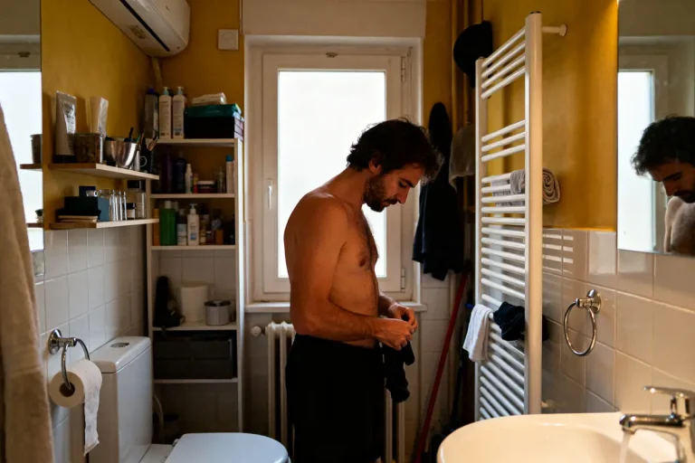 Un homme torse nu dans une salle de bain, ajustant son vêtement près du lavabo.