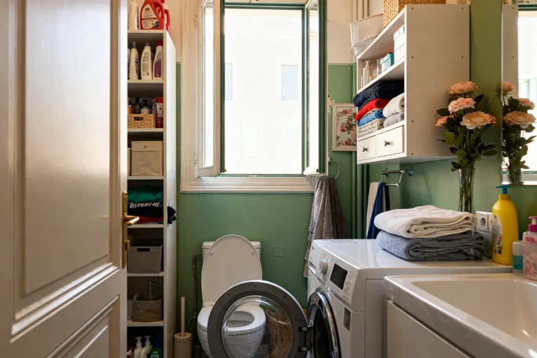 Lave-linge et étagères organisées dans une salle de bain buanderie lumineuse et ordonnée