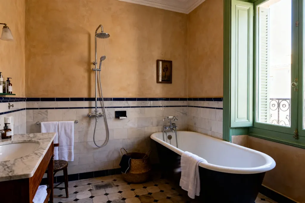 Salle de bain avec baignoire ancienne, douche, fenêtre verte et carrelage en marbre classique. Ambiance élégante.