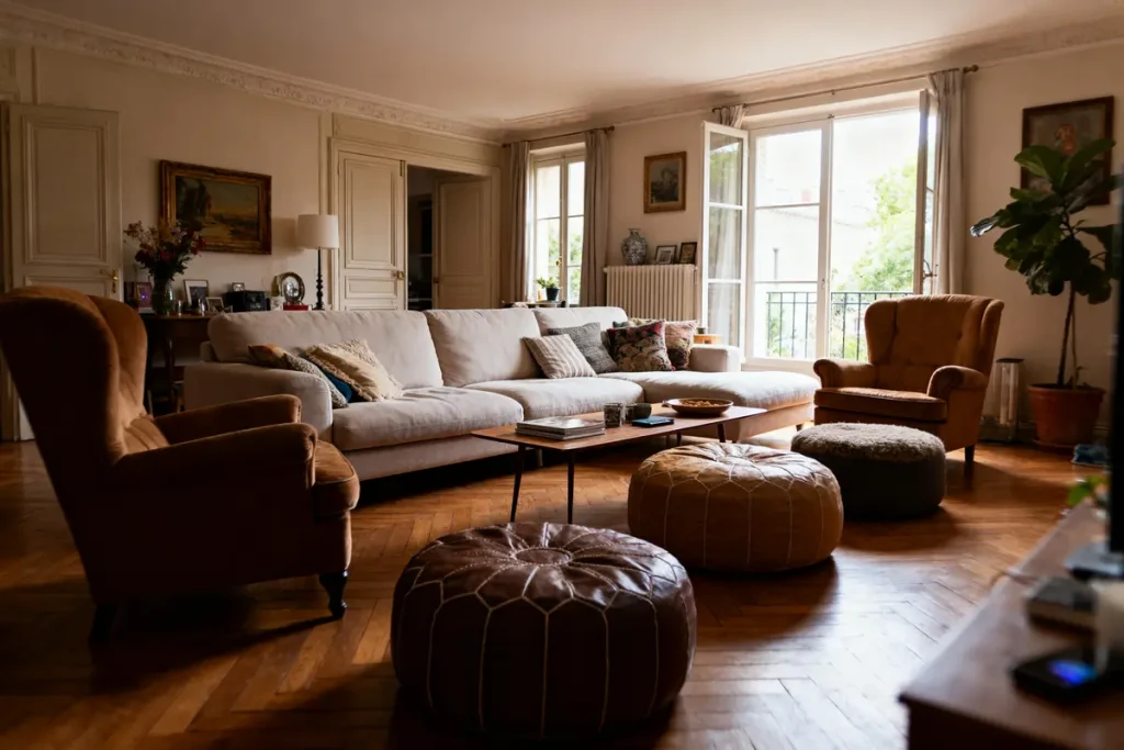 Salon élégant avec canapé beige, fauteuils en velours, poufs en cuir, parquet en bois, et fenêtres lumineuses.