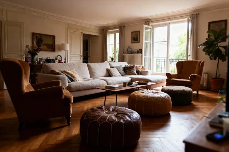 Salon élégant avec canapé beige, fauteuils en velours, poufs en cuir, parquet en bois, et fenêtres lumineuses.