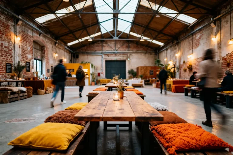 Grande salle industrielle avec tables en bois, coussins colorés, éclairage chaleureux, personnes floues en mouvement.