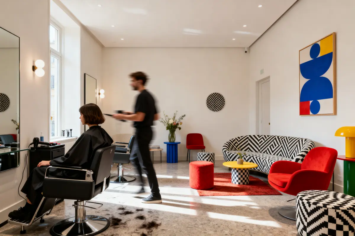 Salon de coiffure moderne avec fauteuils design, miroirs, coiffeur flou, intérieur lumineux et décor coloré.