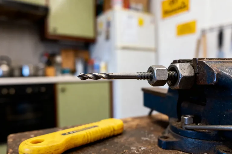 Foret attaché à un étau dans un atelier, avec poignée jaune au premier plan.