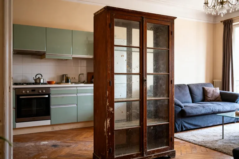 Armoire vintage utilisée pour la séparation cuisine et salon dans un espace ouvert chaleureux