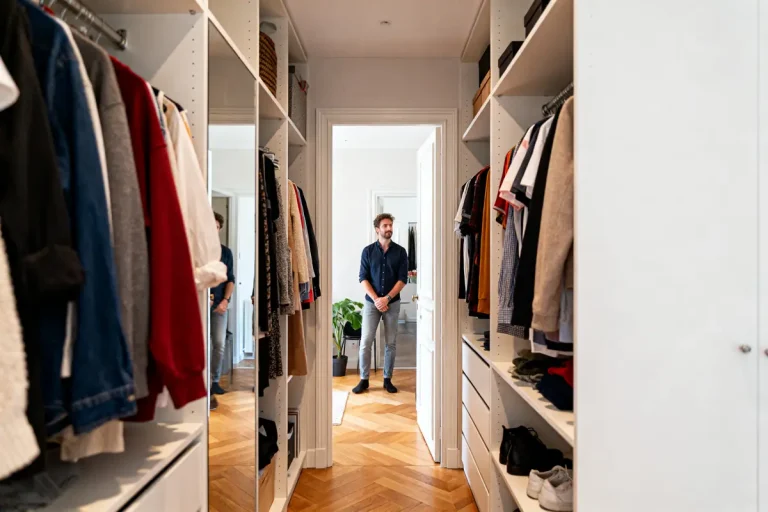 Un homme se tient dans un dressing spacieux avec parquet et vêtements suspendus.