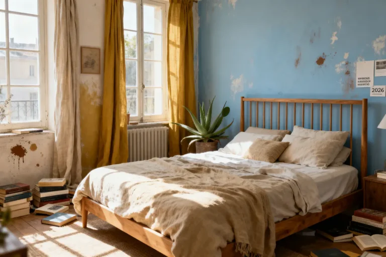 Chambre lumineuse avec murs décrépits, lit en bois, rideaux jaunes, plantes et livres éparpillés au sol.