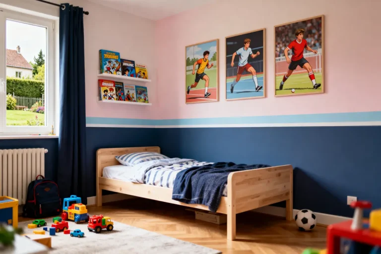 Chambre d'enfant colorée avec lit, jouets, livres et affiches sportives sur le mur. Lumineuse et accueillante.