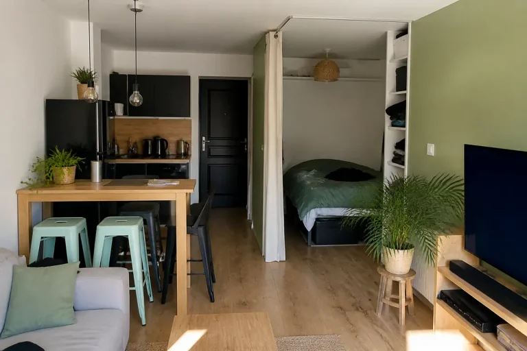Studio moderne avec salon, cuisine équipée, tabourets verts, lit double, plantes, parquet, et télévision. Lumineux et accueillant.