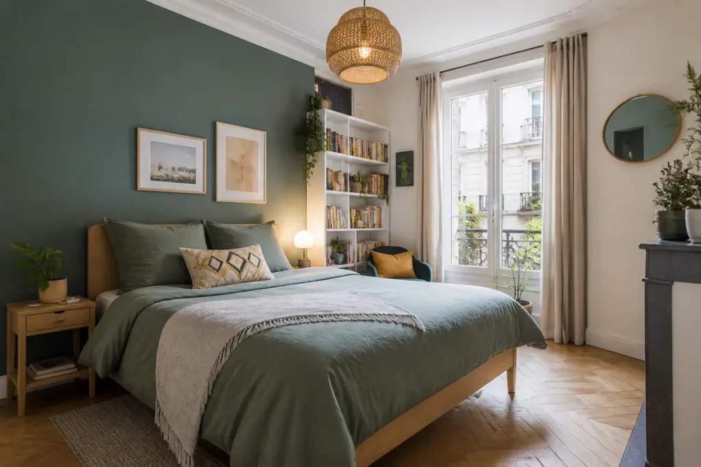 Chambre cosy avec mur vert, lit double, étagère, et grande fenêtre ensoleillée, décoration moderne et chaleureuse.