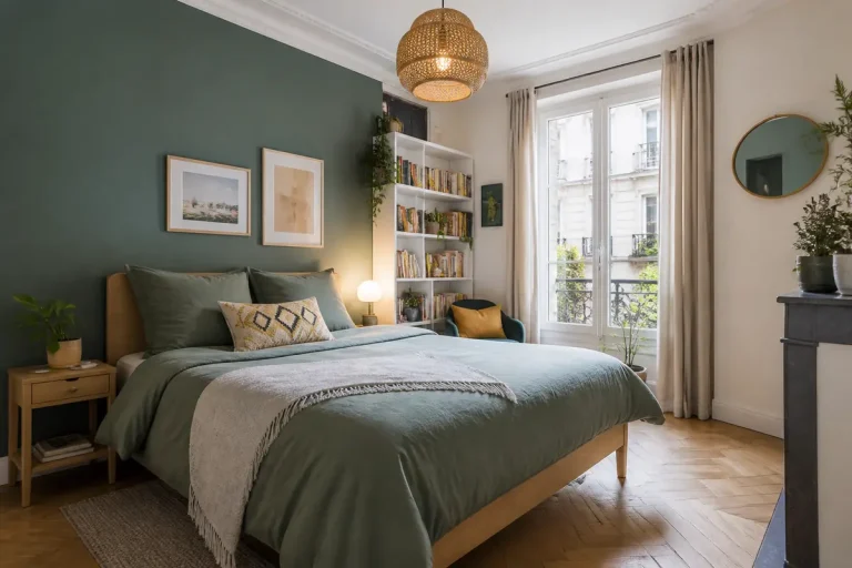 Chambre cosy avec mur vert, lit double, étagère, et grande fenêtre ensoleillée, décoration moderne et chaleureuse.