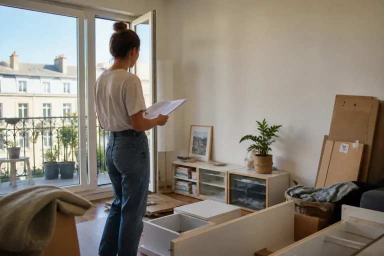Femme assemblant des meubles, tenant des instructions, dans une pièce lumineuse avec balcon et plantes.