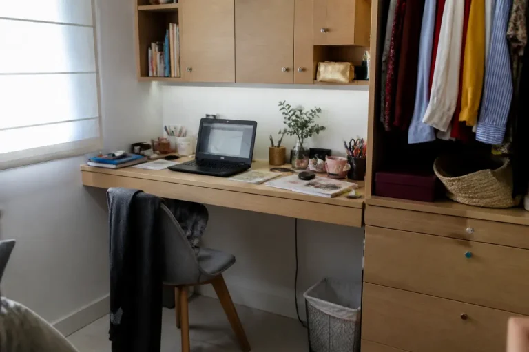 Un bureau avec ordinateur portable, livres, plantes, situé à côté d'une armoire remplie de vêtements.