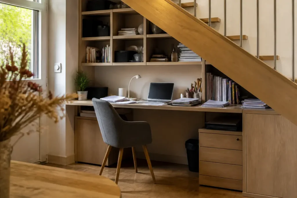 Bureau moderne sous escalier, avec ordinateur portable, chaise grise, étagères remplies de livres et plantes décoratives.