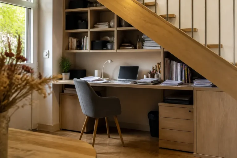 Bureau moderne sous escalier, avec ordinateur portable, chaise grise, étagères remplies de livres et plantes décoratives.