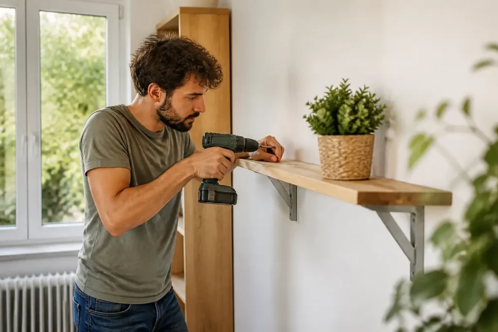 Un homme installe une étagère en bois au mur avec une perceuse, plante verte posée dessus.