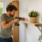 Un homme installe une étagère en bois au mur avec une perceuse, plante verte posée dessus.