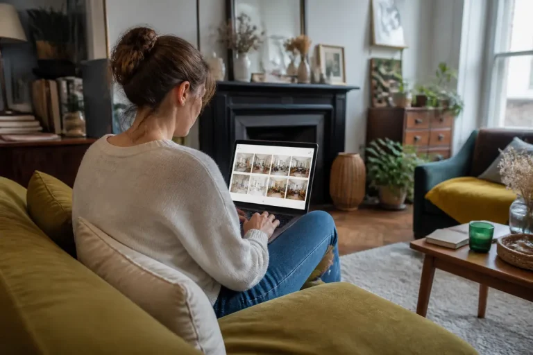 Une femme regarde des photos sur un ordinateur portable dans un salon confortable et bien décoré.
