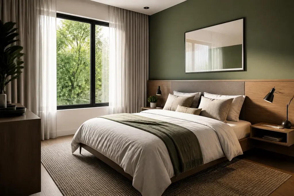 Chambre moderne avec lit double, couvre-lit vert, table de chevet, fenêtre, rideaux blancs, murs verts.