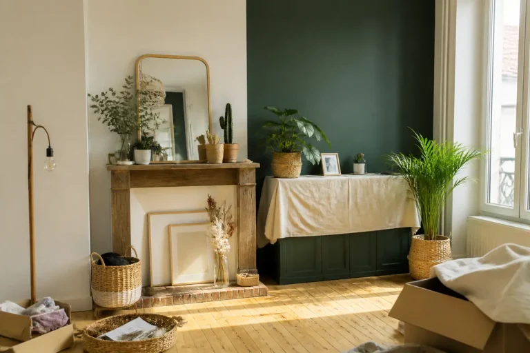 Salon lumineux avec cheminée en bois, plantes vertes, grande fenêtre. Décoration naturelle et épurée, ambiance chaleureuse.