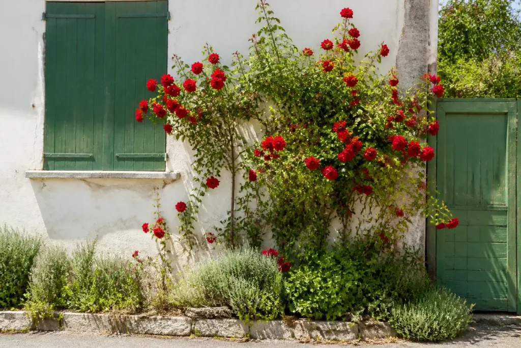 Buisson de roses rouges grimpantes sur un mur blanc avec volets verts fermés et petite porte verte.
