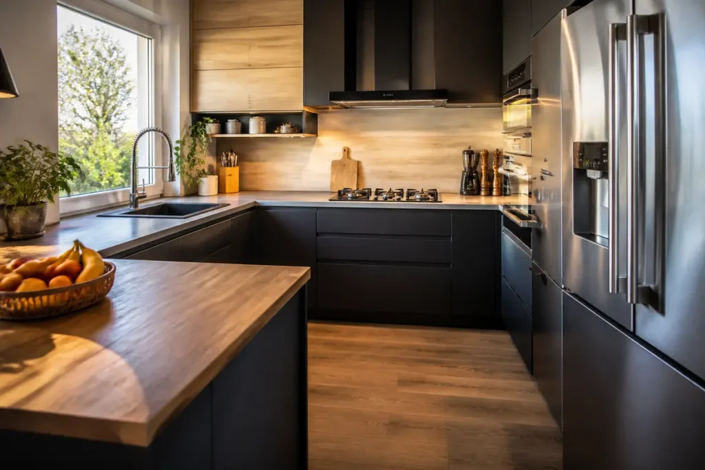 Cuisine moderne avec meubles noirs, plan de travail en bois, réfrigérateur inox, fenêtre lumineuse, et plantes décoratives.