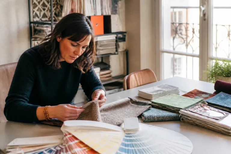 Une femme examine des échantillons de tissu et un nuancier de couleurs dans un bureau lumineux.