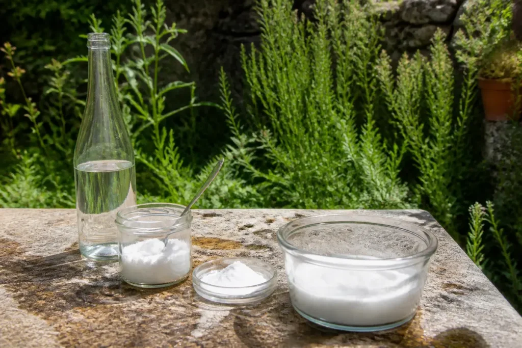 Verre d'eau, récipients de bicarbonate de soude sur table extérieure, plantes vertes en arrière-plan.