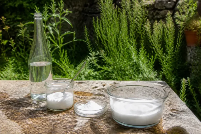 Verre d'eau, récipients de bicarbonate de soude sur table extérieure, plantes vertes en arrière-plan.