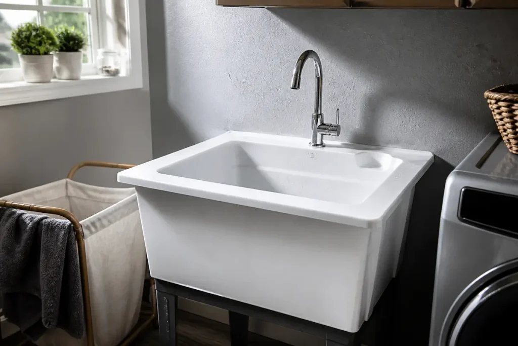 Ăvier utilitaire blanc avec robinet chromĂ© dans une buanderie lumineuse, plantes et panier Ă linge.