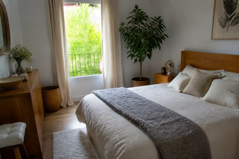 Chambre lumineuse avec lit double, plante verte, fenêtre ouverte et décoration en bois naturel.