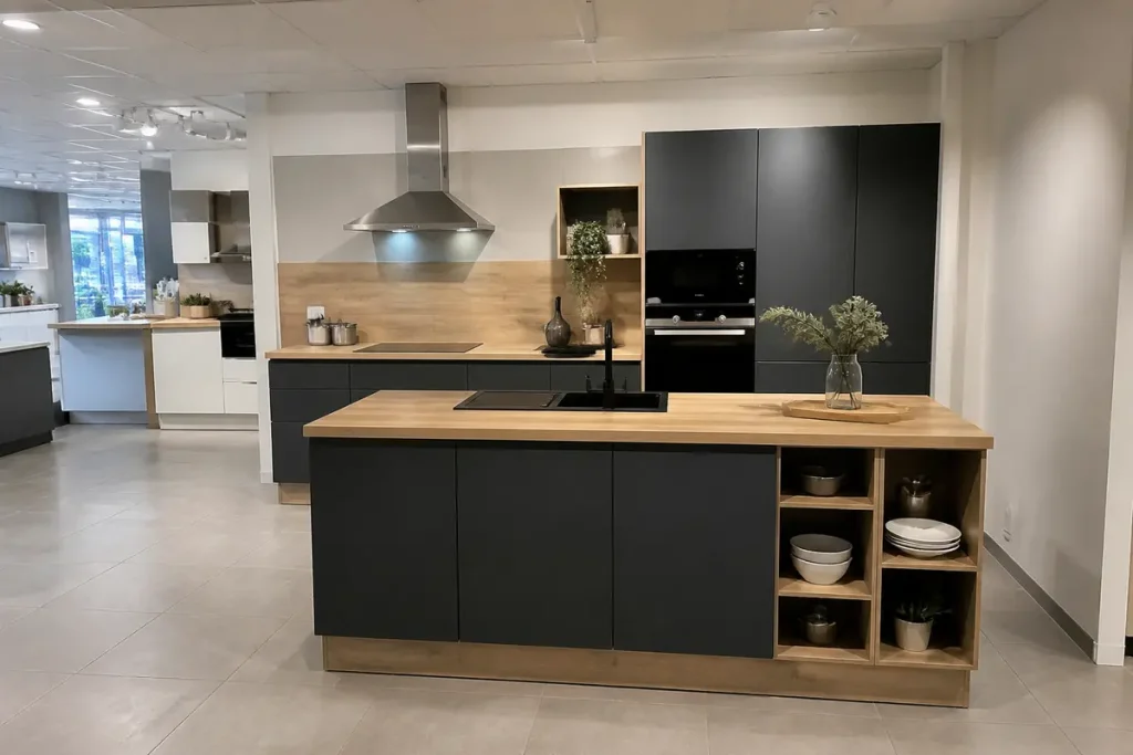 Cuisine moderne avec îlot central en bois clair, meubles noirs, hotte en inox et décorations végétales.