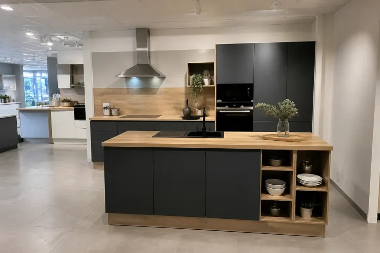Cuisine moderne avec îlot central en bois clair, meubles noirs, hotte en inox et décorations végétales.