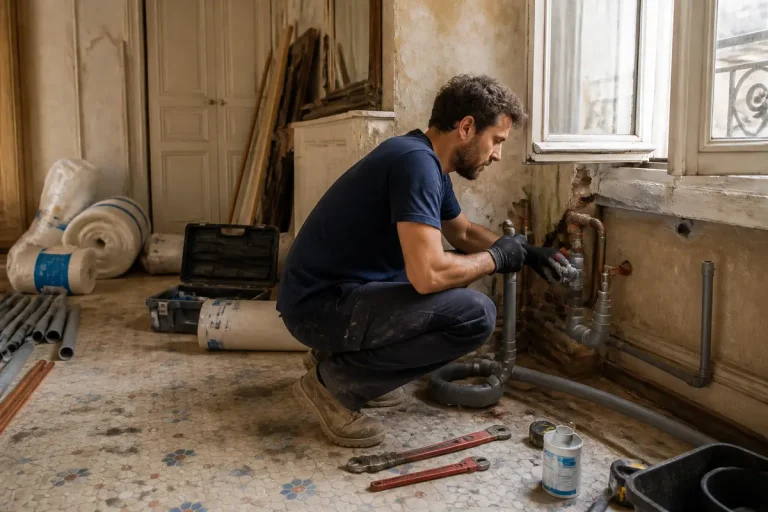Homme réparant une canalisation, outils au sol, matériaux autour, dans une pièce en rénovation.