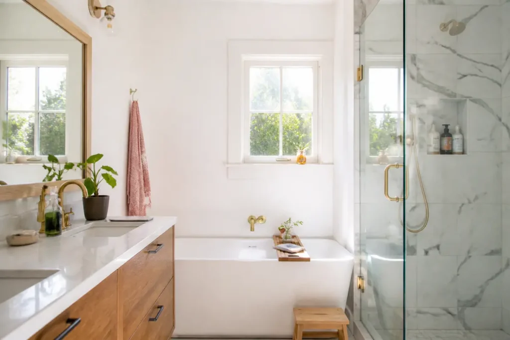 Salle de bain lumineuse avec baignoire, douche vitrée, meuble en bois et plantes vertes.