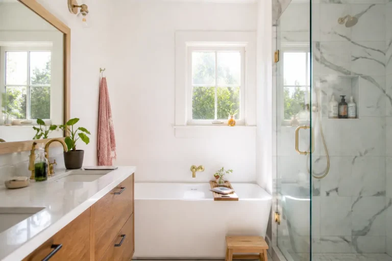 Salle de bain lumineuse avec baignoire, douche vitrée, meuble en bois et plantes vertes.