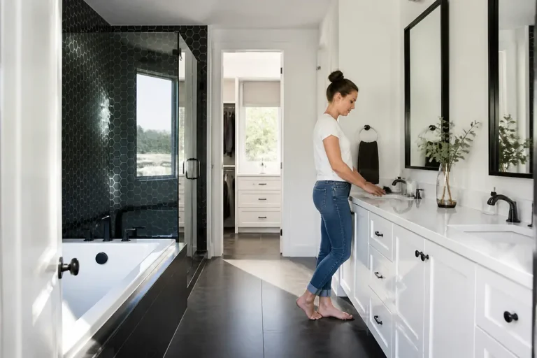 Une femme utilisant un lavabo dans une salle de bain moderne avec douche à carreaux hexagonaux.
