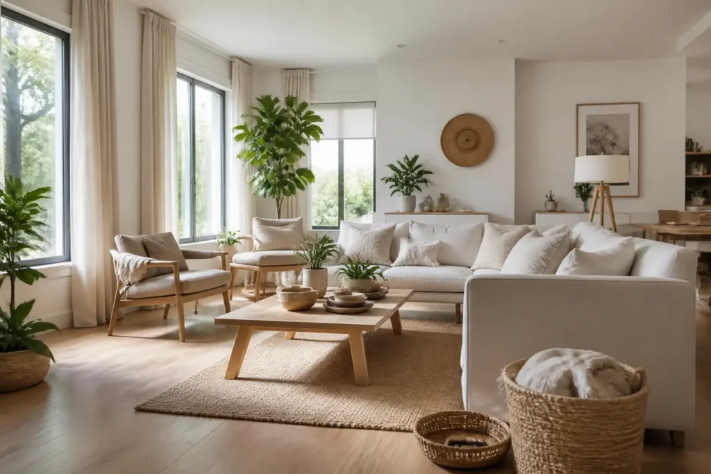 Salon moderne avec canapé blanc, décoration naturelle, plantes vertes, grandes fenêtres, lumière naturelle abondante.