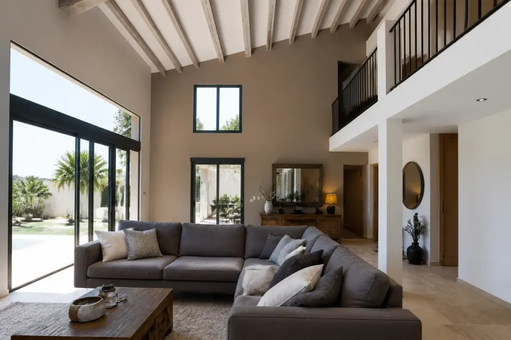 Salon moderne avec canapé gris, grandes fenêtres, plafond avec poutres apparentes et mezzanine, intérieur lumineux et élégant.