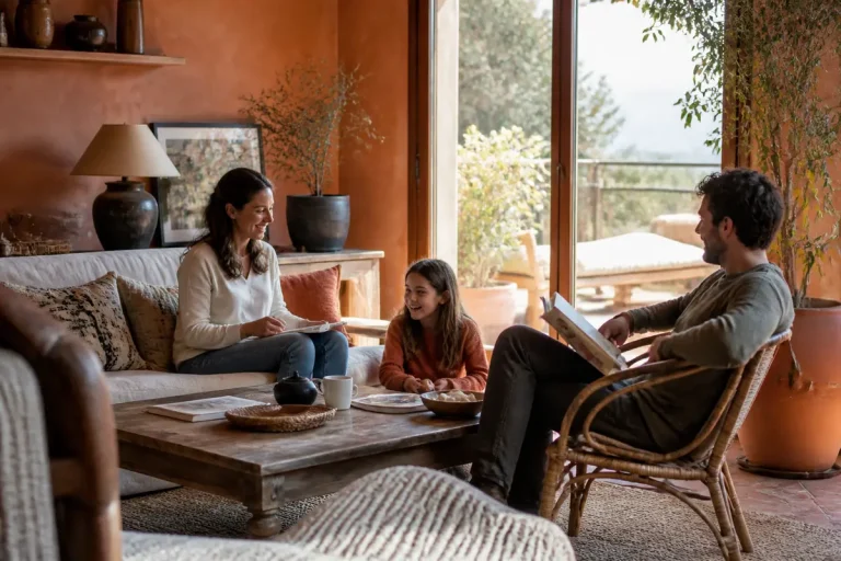 Famille discutant joyeusement dans un salon chaleureux avec grandes fenêtres et décoration chaleureuse en arrière-plan.