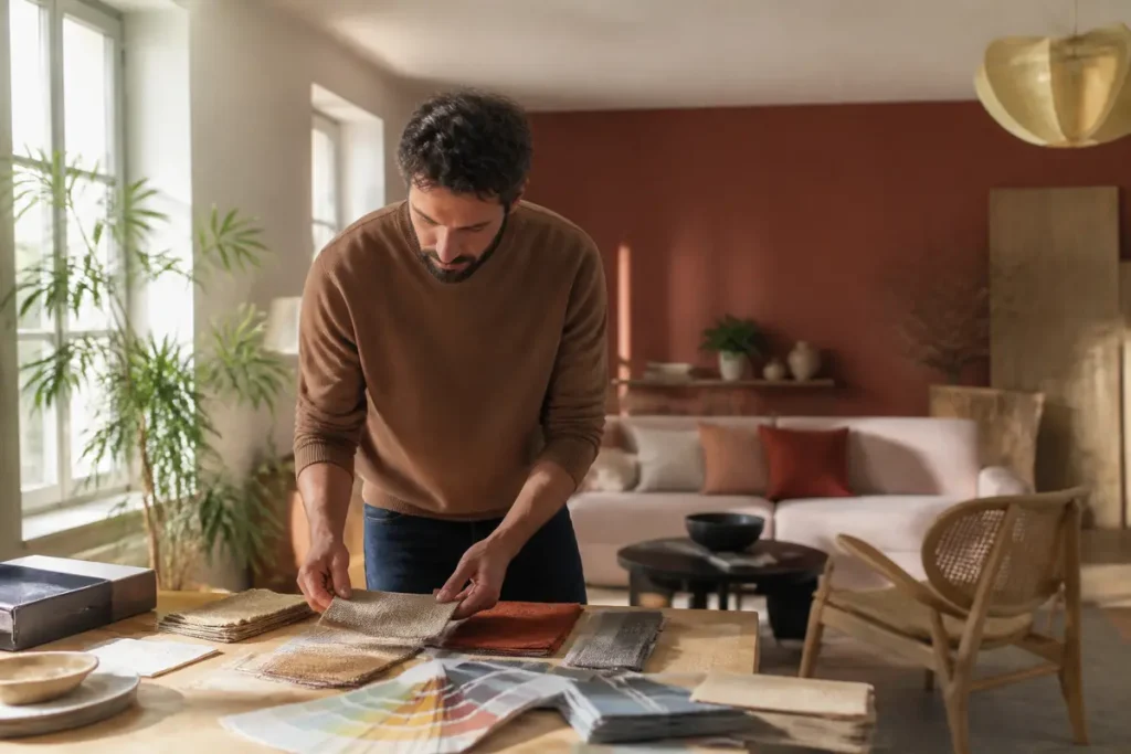 Un homme examine des échantillons de tissus dans un salon décoré, ambiance chaleureuse et végétale.