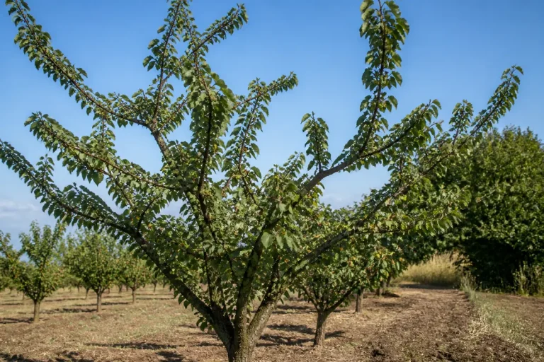 Vergers avec arbres fruitiers sous ciel bleu, rangées alignées, sol sec, ambiance paisible et nature environnante.