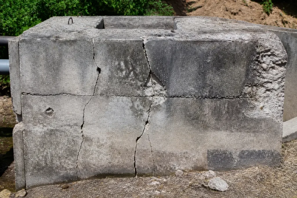 Mur en béton fissuré, entouré de verdure, avec des motifs d'usure visible sur sa surface grise.